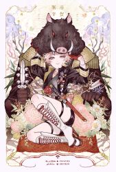 Rule 34 | 1boy, 1other, androgynous, arms up, award ribbon, boar, boots, branch, chinese zodiac, earrings, flower, gloves, high heel boots, high heels, highres, jacket, jewelry, knee up, looking at viewer, medal, nengajou, new year, open clothes, open jacket, original, pink eyes, pink hair, roro (bob), short hair, short sword, shorts, smile, sword, tantou, thigh strap, weapon, year of the pig