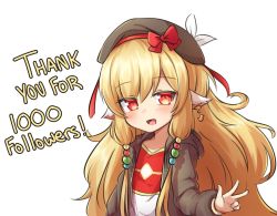 Rule 34 | 1girl, alternate costume, animal ears, big hair, blonde hair, blush, bow, brown hat, brown jacket, character request, commentary, earrings, english commentary, granblue fantasy, hair bobbles, hair ornament, hat, hood, hooded jacket, jacket, jewelry, klaius, long hair, looking at viewer, milestone celebration, open clothes, open jacket, red bow, red eyes, simple background, smile, solo, thank you, upper body, w, white background