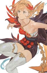 Rule 34 | 1girl, bare shoulders, blonde hair, breasts, brown eyes, brown shorts, cleavage, closed mouth, commentary request, detached sleeves, djeeta (granblue fantasy), firedancer&#039;s roseplume (granblue fantasy), gloves, granblue fantasy, hair ornament, hairband, hashibiro kou (garapiko p), highres, partial commentary, shirt, shoes, short hair, short shorts, shorts, simple background, single detached sleeve, single glove, small breasts, smile, solo, strapless, strapless shirt, thighhighs, white background, white thighhighs