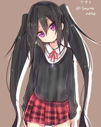 Rule 34 | 1girl, amano kouki, black hair, checkered clothes, checkered skirt, cross, greek cross, hair between eyes, highres, jewelry, long hair, looking at viewer, necklace, note-chan, original, purple eyes, simple background, skirt, smile, solo, twintails, twitter username, very long hair