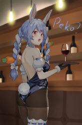 Rule 34 | 1girl, :o, absurdres, alcohol, animal ear fluff, animal ears, ass, bare back, black gloves, black leotard, black pantyhose, blue hair, blurry, blurry background, blush, bottle, bow, braid, bridal garter, carrot hair ornament, cowboy shot, cup, detached collar, detached sleeves, drinking glass, food-themed hair ornament, fur trim, gloves, guiter, hair between eyes, hair bow, hair ornament, highres, holding, holding tray, hololive, indoors, leotard, lights, long hair, looking at viewer, multicolored hair, orange eyes, pantyhose, playboy bunny, puffy short sleeves, puffy sleeves, rabbit ears, rabbit girl, rabbit tail, shelf, short sleeves, silver hair, solo, standing, tail, tray, twin braids, twintails, two-tone hair, usada pekora, usada pekora (1st costume), virtual youtuber, white bow, wine, wine bottle, wine glass