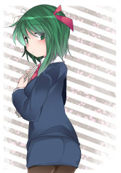 Rule 34 | 1girl, ass, commentary request, contemporary, dress shirt, formal, green eyes, green hair, hair ribbon, hammer (sunset beach), looking at viewer, matching hair/eyes, necktie, no headwear, pantyhose, papers, pencil skirt, ribbon, shiki eiki, shirt, short hair, skirt, skirt suit, solo, suit, touhou