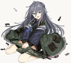 Rule 34 | 1girl, assault rifle, braid, camouflage, camouflage jacket, girls&#039; frontline, grey eyes, grey hair, gun, h&amp;k xm8, highres, holding, holding weapon, jaaku (ra 9rara), jacket, long hair, looking at viewer, on floor, open mouth, personification, rifle, simple background, solo, spread legs, weapon, white background, xm8 (girls&#039; frontline)