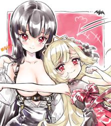 Rule 34 | 2girls, atre, bare shoulders, black hair, blonde hair, blush, breasts, closed mouth, dress, ecute, flower, gothic lolita, hair flower, hair ornament, jashin-chan dropkick, large breasts, lolita fashion, long hair, looking at viewer, multiple girls, open mouth, red dress, red eyes, small breasts, smile, upper body, yukiwo