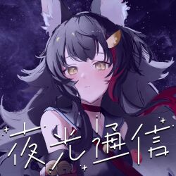Rule 34 | 1girl, absurdres, album cover, animal ear fluff, animal ears, bell, black hair, black shirt, blush, brown eyes, choker, cover, detached sleeves, floating hair, highres, hololive, long hair, multicolored hair, neckerchief, night, night sky, official art, ookami mio, ookami mio (1st costume), portrait, red choker, red hair, red neckerchief, sailor collar, sankichi (croquette crab), shirt, sketch, sky, sleeveless, sleeveless shirt, solo, song name, star (sky), starry sky, streaked hair, virtual youtuber, wolf ears, wolf girl