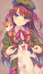Rule 34 | 1girl, animal, animal on shoulder, bad id, bad pixiv id, beret, blue eyes, braid, cat, cat on shoulder, collar, fangs, hair over shoulder, hair ribbon, hat, head tilt, jacket, looking at viewer, natsu natsuna, open clothes, open jacket, open mouth, original, red hair, ribbon, shirt, skirt, smile, solo, twin braids, two side up, vest