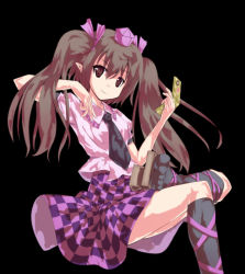 Rule 34 | 1girl, alphes (style), brown eyes, brown hair, camera, cellphone, checkered clothes, checkered skirt, crossed legs, female focus, geta, hair ribbon, hat, himekaidou hatate, long hair, parody, phone, pointy ears, ribbon, ryosios, simple background, sitting, skirt, smile, solo, style parody, tengu-geta, tokin hat, touhou, twintails