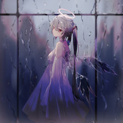 Rule 34 | 1girl, albino (vocaloid), aqua hair, bare shoulders, blurry, blurry foreground, collar, commentary, cowboy shot, detached sleeves, dress, from side, half-closed eyes, halo, halter dress, halterneck, hatsune miku, highres, long hair, looking at viewer, mamenomoto, rain, red eyes, solo, twintails, very long hair, vocaloid, water drop, white dress, white sleeves, wings