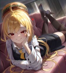 Rule 34 | 1girl, absurdres, ahoge, akgrn, black dress, black thighhighs, blonde hair, blush, collared shirt, couch, curtains, dress, dress shirt, elbow rest, feet, feet up, grin, half-closed eyes, hamburger hat, hand on own cheek, hand on own face, head rest, heart, highres, indoors, jingburger, long hair, long sleeves, looking at viewer, lying, necktie, no shoes, on stomach, pinafore dress, red eyes, see-through, shirt, short dress, sleeveless, sleeveless dress, smile, smirk, solo, teeth, the pose, thighhighs, very long hair, virtual youtuber, waktaverse, white shirt, wing collar, yellow necktie, zettai ryouiki