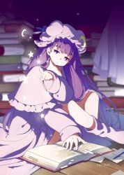 Rule 34 | 1girl, absurdly long hair, book, capelet, dress, hat, highres, long hair, mob cap, namauni, open book, patchouli knowledge, pointing, purple eyes, purple hair, sitting, solo, touhou, very long hair