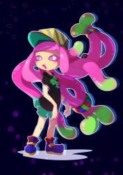 Rule 34 | 1girl, absurdres, afuron, bangle, baseball cap, blue background, blue footwear, blunt bangs, blush, boots, bracelet, drooling, drop shadow, female focus, fish, flat chest, full body, gradient hair, green eyes, green hair, green skirt, harmony&#039;s clownfish (splatoon), harmony (splatoon), hat, highres, jewelry, legs, long hair, looking to the side, low-tied long hair, miniskirt, multicolored hair, nintendo, open mouth, outline, pink hair, pink pupils, pleated skirt, shirt, short sleeves, sidelocks, skirt, solo focus, splatoon (series), splatoon 3, standing, striped clothes, striped headwear, tentacle hair, tentacles, two-tone hair, white outline, yellow headwear