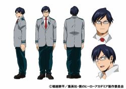 Rule 34 | 1boy, blue hair, boku no hero academia, clothes, full body, glasses, iida tenya, male focus, necktie, open mouth, pants, school uniform, serious, shirt, shoes, short hair, simple background, solo, standing, surprised