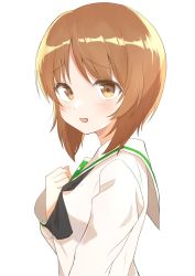 Rule 34 | 1girl, :d, black neckerchief, blouse, blush, brown eyes, brown hair, commentary request, from side, girls und panzer, highres, long sleeves, looking at viewer, neckerchief, nishizumi miho, ooarai school uniform, open mouth, partial commentary, sailor collar, school uniform, shirt, short hair, simple background, smile, solo, upper body, white background, white sailor collar, white shirt, yaminabe (szhal14)