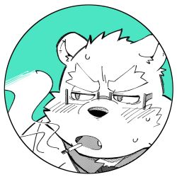 Rule 34 | 1boy, animal ears, averting eyes, bara, bear boy, bear ears, blush, border, chibi, cigarette, circle, collared shirt, commentary, diru, fang, furrowed brow, furry, furry male, glasses, green background, greyscale with colored background, highres, huge eyebrows, leib (housamo), looking to the side, male focus, open mouth, portrait, round image, screentones, semi-rimless eyewear, shirt, solo, tokyo houkago summoners, white border