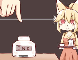 Rule 34 | 2girls, :3, bad id, bad pixiv id, blonde hair, bow, brown background, cup, dress, furry, furry female, greenteaneko, hair bow, highres, holding, ink bottle, jitome, multiple girls, newtype flash, orange bow, original, pink dress, pointing, red eyes, simple background, smug, teacup, teapot