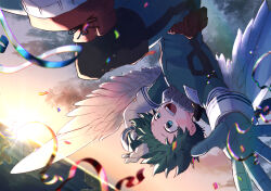 Rule 34 | 1boy, angel wings, aqua bodysuit, aqua gloves, arms up, belt, belt pouch, birthday, bloom, blurry, blurry foreground, blush, boku no hero academia, chromatic aberration, cloud, cloudy sky, confetti, cross-laced footwear, depth of field, dutch angle, feathered wings, floating hair, flying, foot out of frame, freckles, from side, gloves, gradient sky, green eyes, green hair, hand on own head, happy, highres, horizon, knee up, light, looking ahead, male focus, midair, midoriya izuku, nao (n sai ao), ocean, open hand, open mouth, outstretched arm, outstretched hand, outstretched leg, pouch, red belt, red footwear, shoes, short hair, sky, smile, sneakers, solo, streamers, sun, sunburst, sunlight, sunrise, teeth, upper teeth only, upside-down, utility belt, white gloves, white wings, wings