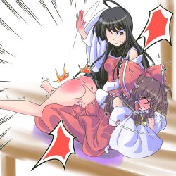 Rule 34 | 2girls, ^^^, angry, ass, bare shoulders, barefoot, black hair, blush, bottomless, bow, brown hair, butt crack, closed eyes, clothes lift, detached sleeves, dress, dress lift, emphasis lines, hair bow, hair tubes, hakurei reimu, japanese clothes, long hair, lying, miko, multiple girls, no panties, nontraditional miko, on stomach, otogawa, ribbon-trimmed sleeves, ribbon trim, sendai hakurei no miko, simple background, spanked, spanking, touhou, trembling, white background, white sleeves