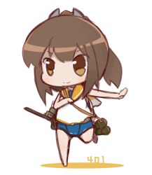 Rule 34 | 10s, 1girl, barefoot, brown eyes, brown hair, cannon, character name, chibi, full body, highres, i-401 (kancolle), kantai collection, machinery, nuu (nu-nyu), ponytail, running, sailor collar, school swimsuit, shirt, simple background, sleeveless, sleeveless shirt, solo, standing, standing on one leg, swimsuit, swimsuit under clothes, turret, white background