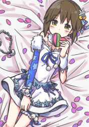 1girl arm_warmers asymmetrical_clothes bare_shoulders blush bridal_garter brown_hair covering_face covering_own_mouth covering_privates dress female_focus hagiwara_yukiho hair_ornament heart idolmaster idolmaster_(classic) jewelry lying on_back pendant petals short_hair solo ueshita valentine yellow_eyes