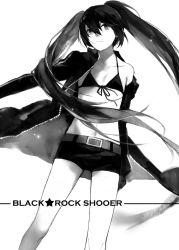 Rule 34 | 1girl, bikini, bikini top only, black bikini, black eyes, black hair, black rock shooter, black rock shooter (character), black shorts, character name, collarbone, copyright name, cotta, floating hair, front-tie top, greyscale, hair between eyes, highres, long hair, looking at viewer, midriff, monochrome, monochrome, navel, short shorts, shorts, simple background, solo, standing, stomach, swimsuit, twintails, very long hair, white background