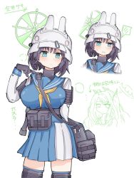 Rule 34 | ..., bag, belt pouch, black hair, blue archive, blue eyes, blush, breasts, commentary, gloves, halo, helmet, highres, hina (blue archive), kanashimi110, looking at viewer, medium breasts, pouch, saki (blue archive), school uniform, sweatdrop, thighhighs, translation request