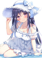 Rule 34 | 1girl, arm support, black hair, blue bow, blush, bow, breasts, cleavage, closed mouth, commentary request, dress, flower, frilled dress, frills, hair between eyes, hand on headwear, hand up, hat, hat bow, long hair, looking at viewer, medium breasts, off-shoulder dress, off shoulder, original, pan (mimi), puffy short sleeves, puffy sleeves, purple eyes, shallow water, short sleeves, simple background, sitting, smile, solo, straw hat, very long hair, water, white background, white dress, white flower, white hat, yokozuwari