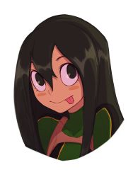 Rule 34 | 10s, 1girl, :p, asui tsuyu, black eyes, black hair, blush stickers, bodysuit, boku no hero academia, frog girl, liyart, long hair, looking at viewer, portrait, simple background, smile, solo, tongue, tongue out, white background