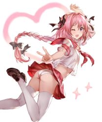 Rule 34 | 1boy, 77gl, ass, astolfo (fate), astolfo (sailor paladin) (fate), braid, fang, fate/apocrypha, fate/grand order, fate (series), heart, long hair, male focus, official alternate costume, one eye closed, open mouth, panties, pink hair, purple eyes, school uniform, serafuku, single braid, skin fang, smile, solo, thighhighs, trap, underwear, v, white panties, white thighhighs
