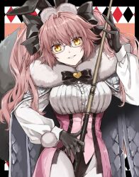 Rule 34 | 1girl, animal ear fluff, animal ears, black bow, black gloves, bow, breasts, cloak, coattails, collared shirt, corset, cue stick, dress shirt, fate/grand order, fate (series), fox tail, fur collar, glasses, gloves, grin, hair between eyes, hair bow, kino kokko, koyanskaya (assassin) (second ascension) (fate), koyanskaya (fate), large breasts, long hair, long sleeves, looking at viewer, pantyhose, pink hair, rabbit ears, shirt, sidelocks, smile, solo, tail, tamamo (fate), twintails, underbust, white cloak, white pantyhose, white shirt, yellow eyes