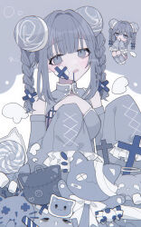 Rule 34 | 1girl, bags under eyes, bandaid, bandaid hair ornament, bandaid on face, blue eyes, blue hair, blue theme, blush, braid, bun cover, candy, chibi, chibi inset, chinese clothes, cleavage cutout, clothing cutout, commentary, cross, double bun, drooling, food, frilled sleeves, frills, hair bun, hair ornament, highres, lollipop, long sleeves, looking at viewer, open mouth, original, sleeves past fingers, sleeves past wrists, stuffed animal, stuffed cat, stuffed toy, twin braids, yakitori egg