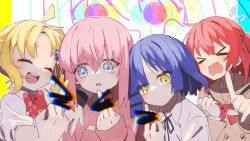 Rule 34 | 4girls, ahoge, black ribbon, blonde hair, blue background, blue eyes, blue hair, blunt bangs, blush, bocchi the rock!, bow, bowtie, brown sailor collar, brown serafuku, censored, censored gesture, chibi, chromatic aberration, clenched hand, closed eyes, closed mouth, commentary request, expressionless, floating hair, flying sweatdrops, gotoh hitori, hair bobbles, hair ornament, hairclip, hand on own chest, hand up, highres, ijichi nijika, index finger raised, jacket, kita ikuyo, leaning on person, long hair, long sleeves, looking at another, looking at viewer, looking to the side, medium hair, middle finger, multicolored background, multiple girls, nani ga warui, neck ribbon, one side up, open mouth, outstretched arm, pink jacket, pointless censoring, polka dot bowtie, projected inset, red bow, red bowtie, red hair, ribbon, sailor collar, school uniform, serafuku, shirt, side-by-side, sidelocks, smile, umi painter, wavy eyes, wavy mouth, white shirt, yamada ryo, yellow background