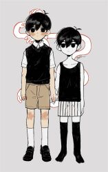 Rule 34 | 2boys, antenna hair, arms at sides, black footwear, black hair, black tank top, black thighhighs, black vest, blush, brown shorts, collarbone, collared shirt, colored skin, dot mouth, dual persona, expressionless, full body, grey background, highres, holding hands, kneehighs, loafers, male focus, multiple boys, official style, omomomizu, omori, omori (omori), shirt, shoes, short hair, shorts, simple background, socks, standing, straight-on, striped clothes, striped shorts, sunny (omori), tank top, thighhighs, vest, white shirt, white shorts, white skin, white socks