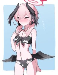 Rule 34 | 1girl, arm at side, bandeau, bare shoulders, bikini, black bikini, blue archive, blush, bow, clenched hand, closed mouth, cowboy shot, flat chest, floral print, furrowed brow, hair bow, halo, hand up, head wings, highres, koharu (blue archive), koharu (swimsuit) (blue archive), long hair, low twintails, low wings, navel, nose, pink eyes, pink hair, quraqura nemii, solo, standing, swimsuit, twintails, wings