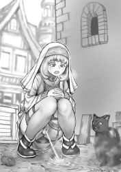Rule 34 | 1girl, absurdres, alley, anus, blush, breath, cat, dodomesu, dress, female focus, female pubic hair, full body, garter straps, greyscale, habit, highres, interlocked fingers, jewelry, knees together feet apart, long sleeves, monochrome, mouse (animal), necklace, open mouth, original, outdoors, outline, own hands together, panties, panty pull, peeing, pubic hair, puddle, pussy, shoes, short hair, solo, squatting, steam, sweat, tears, teeth, thighhighs, uncensored, underwear, white outline, window
