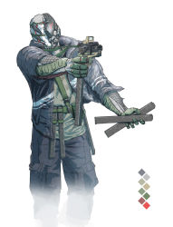 Rule 34 | 1boy, absurdres, aiming, chaboex, check commentary, color guide, commentary request, cyborg, extended magazine, gun, handgun, highres, holding, holding gun, holding weapon, magazine (weapon), male focus, original, pistol, science fiction, solo, weapon, white background