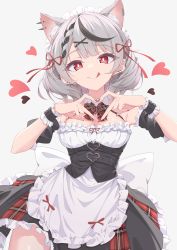 Rule 34 | 1girl, :q, absurdres, animal ear fluff, animal ears, apron, black hair, bow, bowtie, breasts, cat ears, corset, detached collar, detached sleeves, ear piercing, extra ears, frilled apron, frills, hair ornament, hair ribbon, heart, heart hands, highres, hololive, looking at viewer, maid headdress, medium breasts, multicolored hair, piercing, plaid, plaid skirt, quarterlift, red bow, red bowtie, red eyes, red ribbon, red skirt, revision, ribbon, sakamata chloe, short sleeves, silver hair, simple background, skirt, solo, streaked hair, tongue, tongue out, virtual youtuber, white apron, white background, wrist cuffs, x hair ornament