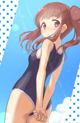 Rule 34 | 1girl, :o, arms behind back, ass, bad id, bad pixiv id, bare arms, bare shoulders, blue one-piece swimsuit, blue sky, blush, breasts, brown eyes, brown hair, commentary request, cowboy shot, day, from behind, idolmaster, idolmaster cinderella girls, light rays, long hair, looking at viewer, looking back, ogata chieri, one-piece swimsuit, open mouth, outdoors, own hands together, polka dot, side ponytail, sidelocks, sky, small breasts, solo, sparkle, sunbeam, sunlight, swimsuit, yama tatsuo