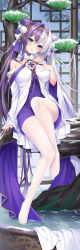 Rule 34 | 1girl, absurdly long hair, azur lane, bare shoulders, breasts, cone hair bun, dress, full body, hair bun, hand on own chest, highres, in tree, long hair, looking at viewer, medium breasts, multicolored hair, official alternate costume, pantyhose, purple dress, purple hair, sitting, sitting in tree, solo, split-color hair, summer-d (dodojune), tree, two-tone dress, two-tone hair, very long hair, water, white dress, white hair, white pantyhose, ying swei (azur lane), ying swei (snowy pine&#039;s warmth) (azur lane)