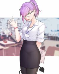 Rule 34 | 1girl, alternate hairstyle, arm behind back, bespectacled, black skirt, contemporary, glasses, green eyes, highres, hololive, lanyard, looking at viewer, office lady, pantyhose, pencil skirt, piercing, ponytail, purple hair, shirt, shirt tucked in, skirt, sleeves rolled up, solo, tail, tail ornament, tail piercing, therrao, tokoyami towa, virtual youtuber, waving, white shirt