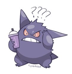 Rule 34 | commentary, confused, creatures (company), cup, disposable cup, flyingrotten, frown, full body, game freak, gen 1 pokemon, gengar, grimace shake (meme), highres, holding, holding cup, meme, nintendo, no humans, pokemon, pokemon (creature), simple background, standing, teeth, white background