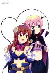 Rule 34 | 2girls, absurdres, armor, bare shoulders, bat hair ornament, belt, bikini armor, black cape, black skirt, black thighhighs, bow, bowtie, breasts, brown eyes, cape, chiyoda momo, cleavage, collared cape, demon girl, demon horns, demon tail, detached collar, detached sleeves, fang, frilled sleeves, frills, hair between eyes, hair ornament, highres, holding, holding test tube, horns, juliet sleeves, large breasts, long hair, long sleeves, machikado mazoku, megami magazine, midriff, multiple girls, navel, official art, ootsuka mai, open mouth, pink shirt, pleated skirt, puffy sleeves, red eyes, red hair, revealing clothes, ribbed shirt, scan, shirt, shoes, short hair, simple background, skin fang, skirt, smile, solo, standing, stomach, tail, test tube, thighhighs, thighs, waist cape, white background, wings, yoshida yuuko (machikado mazoku)
