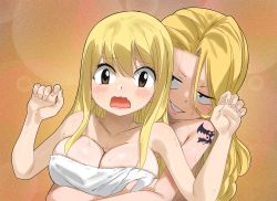 Rule 34 | 2girls, bare shoulders, blonde hair, breasts, cleavage, collarbone, colorized, fairy tail, gaston18, large breasts, long hair, lucy heartfilia, multiple girls, towel