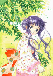 Rule 34 | 1990s (style), 1girl, braid, cardcaptor sakura, child, clamp, cowboy shot, daidouji tomoyo, dated, day, drill hair, french braid, from side, japanese clothes, kimono, long hair, official art, plant, purple eyes, purple hair, retro artstyle, side braid, solo