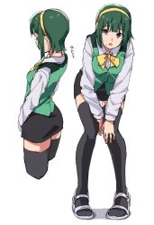 Rule 34 | 1girl, :o, black skirt, black thighhighs, bow, bowtie, brown eyes, commentary, cropped legs, dress shirt, from behind, full body, green hair, green vest, hairband, hands on legs, head tilt, highres, idolmaster, idolmaster (classic), leaning forward, looking at viewer, miniskirt, mole, mole under mouth, multiple views, office lady, open mouth, otonashi kotori, pencil skirt, roivas, sandals, shirt, short hair, simple background, skirt, standing, thighhighs, translation request, vest, white footwear, white shirt, wing collar, yellow hairband, yellow neckwear, zettai ryouiki