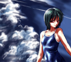Rule 34 | 1girl, cloud, green hair, one-piece swimsuit, original, pizza man, red eyes, short hair, skin tight, solo, swimsuit, wet