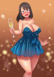 Rule 34 | 10s, 1girl, 2016, :d, alcohol, bare shoulders, blue dress, blush, breasts, brown background, brown hair, champagne, champagne flute, cleavage, covered erect nipples, crossed legs, cup, curvy, dated, dress, drinking glass, drunk, head tilt, holding, holding cup, holding drinking glass, large breasts, light particles, long hair, looking at viewer, mole, mole on breast, morimoto chio, nose blush, open mouth, original, purple eyes, sash, short dress, sideboob, signature, smile, solo, standing, strapless, strapless dress, thick thighs, thighs, watson cross, wide hips, zheng