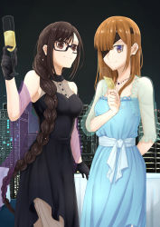 Rule 34 | 2girls, akuta hinako, alcohol, alternate costume, bare shoulders, bbyau (yoyosobadgril), black dress, black gloves, black hair, blue dress, braid, brown eyes, building, champagne, champagne flute, cleavage, commentary request, cup, dress, drinking glass, eyepatch, fate/grand order, fate (series), gloves, hair over shoulder, highres, holding, holding cup, jewelry, long braid, long hair, looking at viewer, multiple girls, necklace, night, ophelia phamrsolone, purple shawl, see-through, see-through cleavage, see-through sleeves, shawl, single braid, skyline, skyscraper, sleeveless, sleeveless dress, smile, very long hair, yu mei-ren (fate)