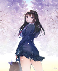 Rule 34 | 1girl, animal, bag, black skirt, blazer, blue jacket, blush, brown eyes, brown hair, cherry blossoms, chihuahua, commentary request, dated, dog, flower, holding, jacket, long hair, looking at viewer, looking back, necktie, original, outdoors, parted lips, pink flower, pleated skirt, red necktie, sanbasou, school bag, school uniform, signature, skirt, solo, thighs