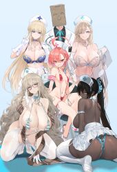 Rule 34 | 1boy, 5girls, absurdres, ahoge, akane (blue archive), alternate costume, areola slip, ass, asuna (blue archive), asymmetrical bangs, back, bag, bag on head, bare shoulders, bikini, black hair, black shirt, blonde hair, blue archive, blue background, blue bra, blue eyes, blue necktie, blush, bra, braid, breasts, brown eyes, choker, cleaning &amp; clearing (blue archive), cleavage, collarbone, commentary, dark-skinned female, dark skin, dishwasher1910, double v, eyepatch bikini, french braid, glasses, gloves, grin, hair between eyes, hair over one eye, halo, hat, highres, huge ahoge, huge ass, jewelry, karin (blue archive), large breasts, light brown hair, long hair, looking at viewer, looking back, mole, mole under eye, multiple girls, navel, necklace, necktie, neru (blue archive), nurse cap, one-piece swimsuit, open mouth, orange hair, paper bag, ponytail, red bikini, red eyes, red one-piece swimsuit, red slingshot swimsuit, sensei (blue archive), shawl, shirt, short hair, side braid, sideboob, skirt, slingshot swimsuit, small breasts, smile, soles, striped bikini, striped clothes, swimsuit, syringe, toki (blue archive), underwear, v, very dark skin, very long hair, white bra, white gloves, white skirt, yellow eyes