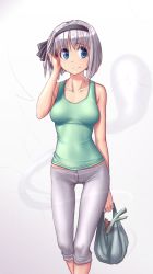 Rule 34 | 1girl, alternate costume, arm at side, bag, bare arms, bare shoulders, blue eyes, blush, bob cut, breasts, breasts apart, capri pants, casual, collarbone, contemporary, gradient background, groceries, grocery bag, hairband, hand up, hater (hatater), highres, holding, konpaku youmu, konpaku youmu (ghost), looking to the side, lowleg, lowleg pants, medium breasts, pants, petite, playing with own hair, shopping bag, short hair, skinny, smile, solo, spring onion, tank top, tareme, team shanghai alice, thigh gap, touhou, white pants